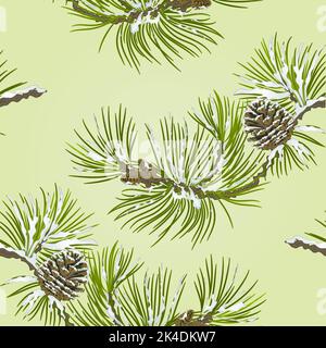Seamless texture Pine branch with snow and pine cone  vector illustration Stock Vector