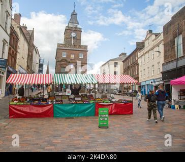 Dumfries, Dumfries & Galloway, Scotland, September 24th, 2022, A market set up in the High Street in the town. Stock Photo