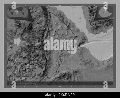 Afar, state of Ethiopia. Bilevel elevation map with lakes and rivers. Corner auxiliary location maps Stock Photo