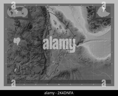 Afar, state of Ethiopia. Grayscale elevation map with lakes and rivers. Corner auxiliary location maps Stock Photo