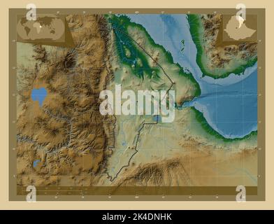 Afar, state of Ethiopia. Colored elevation map with lakes and rivers. Corner auxiliary location maps Stock Photo