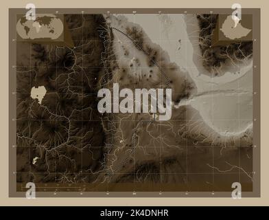 Afar, state of Ethiopia. Elevation map colored in sepia tones with lakes and rivers. Corner auxiliary location maps Stock Photo