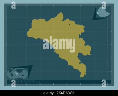 Gambela Peoples, state of Ethiopia. Solid color shape. Locations of major cities of the region. Corner auxiliary location maps Stock Photo