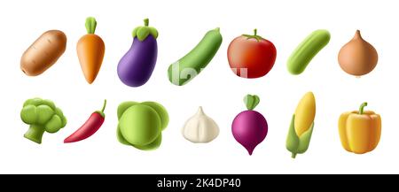 Isolated set of 3d render vegetable icons illustrations, modern graphic, autumn harvest food Stock Vector