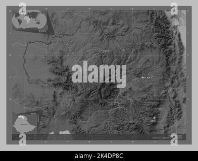 Tigray, state of Ethiopia. Grayscale elevation map with lakes and rivers. Locations and names of major cities of the region. Corner auxiliary location Stock Photo