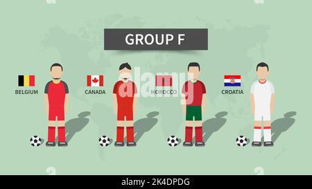 Qatar fifa world cup soccer tournament 2022 . 32 teams group stages and cartoon character with jersey and country flags . Flat design . Vector . Stock Vector