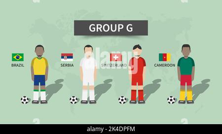 Qatar fifa world cup soccer tournament 2022 . 32 teams group stages and cartoon character with jersey and country flags . Flat design . Vector . Stock Vector