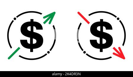 Set of cost symbol dollar increase and decrease icon. Money vector symbol isolated on background . Stock Vector