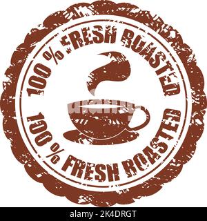 Fresh roasted coffee, rubber texture stamp with aromy cup. Victor illustration. Brown banner with cup of coffee, label stamp, retro icon, aroma remium Stock Vector