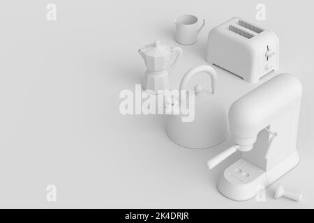 Kettle, toaster, coffee machine horn and geyser coffee maker on monochrome background. 3d render kitchen appliances making breakfast with latte coffee Stock Photo