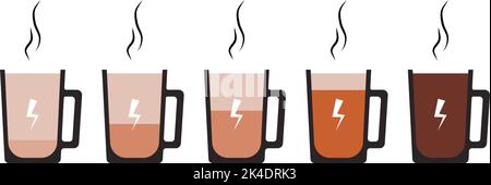 Cup of coffee with charge of energy level and cheerfulness. Vector illustration. Energy coffe level, aroma taste, cappuccino battery, grunge ingredien Stock Vector