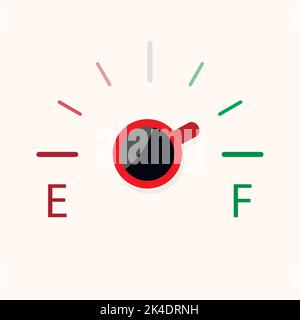 Coffee power indicator, full and empty level energy. Vector illustration. Coffe power indicator, mug breakfast, caffeine scale, gasoline energy, isola Stock Vector