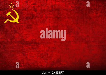 Soviet Union flag: star, hammer and sickle on red background. USSR banner, grunge textured Stock Photo