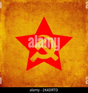 Soviet Union emblem: hammer and sickle in red star. USSR symbol, grunge textured Stock Photo