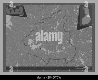 Kainuu, region of Finland. Bilevel elevation map with lakes and rivers. Locations and names of major cities of the region. Corner auxiliary location m Stock Photo