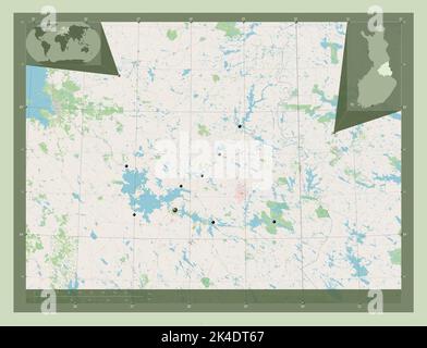 Kainuu, region of Finland. Open Street Map. Locations of major cities of the region. Corner auxiliary location maps Stock Photo