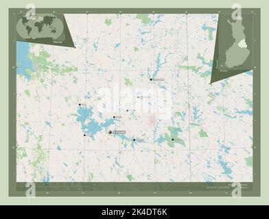 Kainuu, region of Finland. Open Street Map. Locations and names of major cities of the region. Corner auxiliary location maps Stock Photo