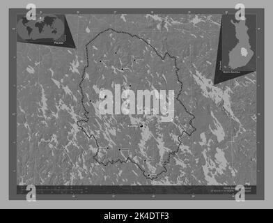 North Savonia, region of Finland. Bilevel elevation map with lakes and rivers. Locations and names of major cities of the region. Corner auxiliary loc Stock Photo