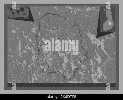 North Savonia, region of Finland. Bilevel elevation map with lakes and rivers. Locations of major cities of the region. Corner auxiliary location maps Stock Photo