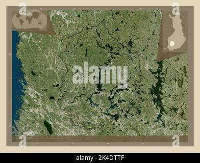 Pirkanmaa, region of Finland. High resolution satellite map. Locations of major cities of the region. Corner auxiliary location maps Stock Photo