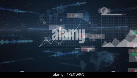 Image of icons with growing numbers over data processing and light trails Stock Photo