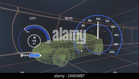Image of 3d car model and speedometer over dark background Stock Photo