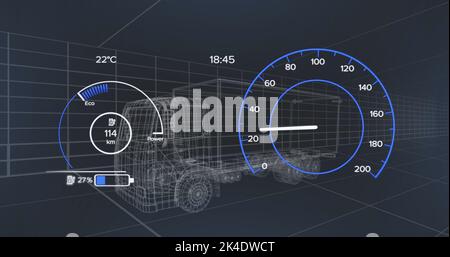 Image of 3d car model and speedometer over dark background Stock Photo