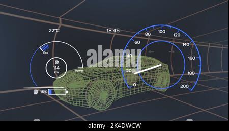 Image of 3d car model and speedometer over dark background Stock Photo