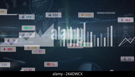 Image of icons with growing numbers over data processing and light trails Stock Photo