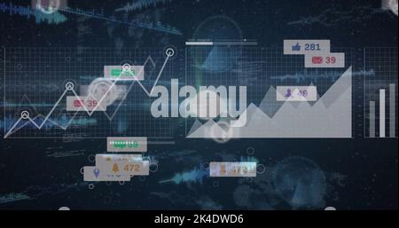 Image of icons with growing numbers over data processing and light trails Stock Photo