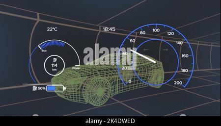 Image of 3d car model and speedometer over dark background Stock Photo