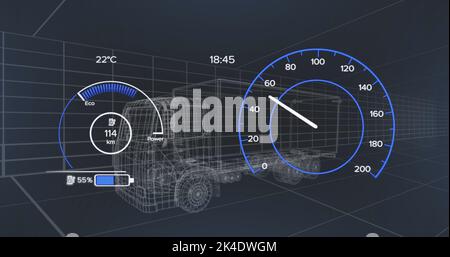 Image of 3d car model and speedometer over dark background Stock Photo