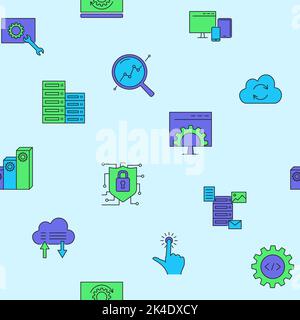 Software seamless pattern in colored line style. Computer data storage and update. Vector illustration. Stock Vector