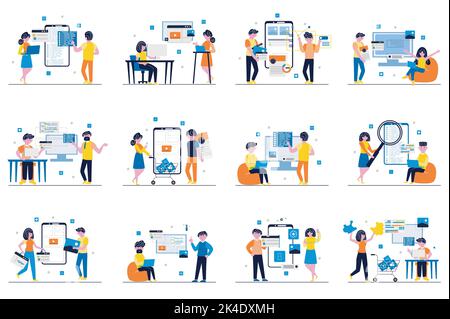 App development concept with tiny people scenes set in flat design. Bundle of men and women developers creating interfaces layouts, coding and Stock Vector