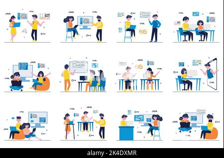 Programming software concept with tiny people scenes set in flat design. Bundle of men and women developers working on projects, testing, coding and Stock Vector