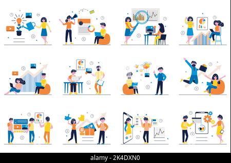 Digital marketing concept with tiny people scenes set in flat design. Bundle of men and women create digital content, make advertising, analyze data Stock Vector