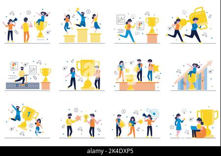 Business award concept with tiny people scenes set in flat design. Bundle of men and women getting reward, trophy or prize for goal achievement and Stock Vector
