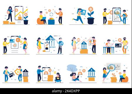 Cryptocurrency market concept with tiny people scenes set in flat design. Bundle of men and women buy and sell bitcoins, invest in crypto money Stock Vector