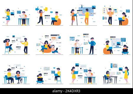Web development concept with tiny people scenes set in flat design. Bundle of men and women developers working, creating webpages layouts, testing Stock Vector