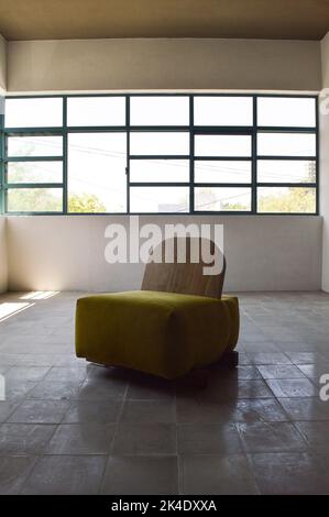 armchair, chair, individual sofa, solid natural wood structure, seat and back in fabric Stock Photo