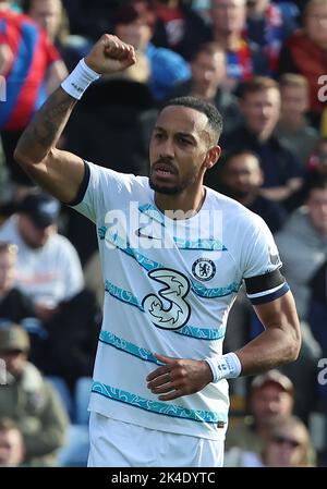 London ENGLAND - October 01: Chelsea's Pierre-Emerick Aubameyany celebrates his goal during English Premier League soccer match between Crystal Palace Stock Photo