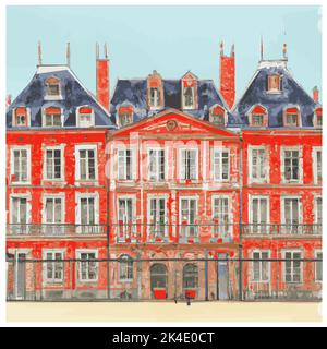 Original composition in red and yellow about Place des Vosges in Paris - vector illustration (Ideal for printing on fabric or paper, poster or wallpap Stock Vector