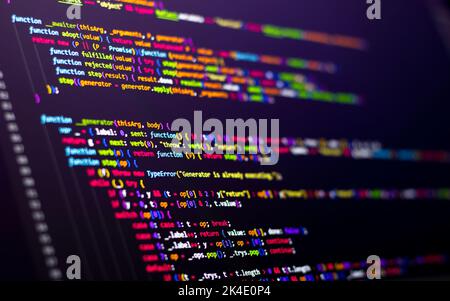 Compressed colorful Code background. Web programming with Javascript coding Stock Photo