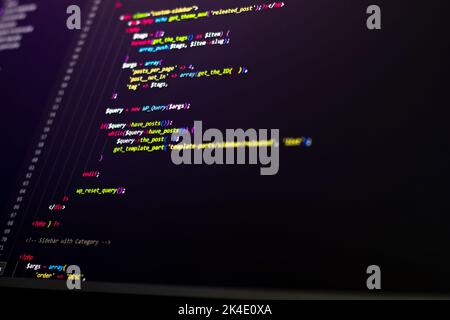 Compressed colorful Code background. Web programming with Javascript coding Stock Photo
