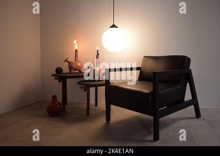 armchair, chair, individual sofa, solid natural wood structure, seat and back in natural leather Stock Photo