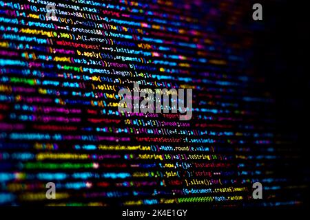 Compressed colorful Code background. Web programming with Javascript coding Stock Photo