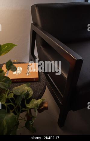 armchair, chair, individual sofa, solid natural wood structure, seat and back in natural leather Stock Photo