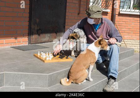 aucasian senior man with  playing chess  with two dogs sitting on threshold near his house in Ukraine Stock Photo