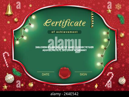 Christmas green red certificate. Xmas background with lights, candy cane, bell, christmas balls. Vector illustration Stock Vector