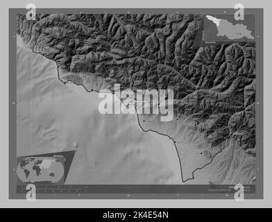 Abkhazia, autonomous republic of Georgia. Grayscale elevation map with lakes and rivers. Locations and names of major cities of the region. Corner aux Stock Photo